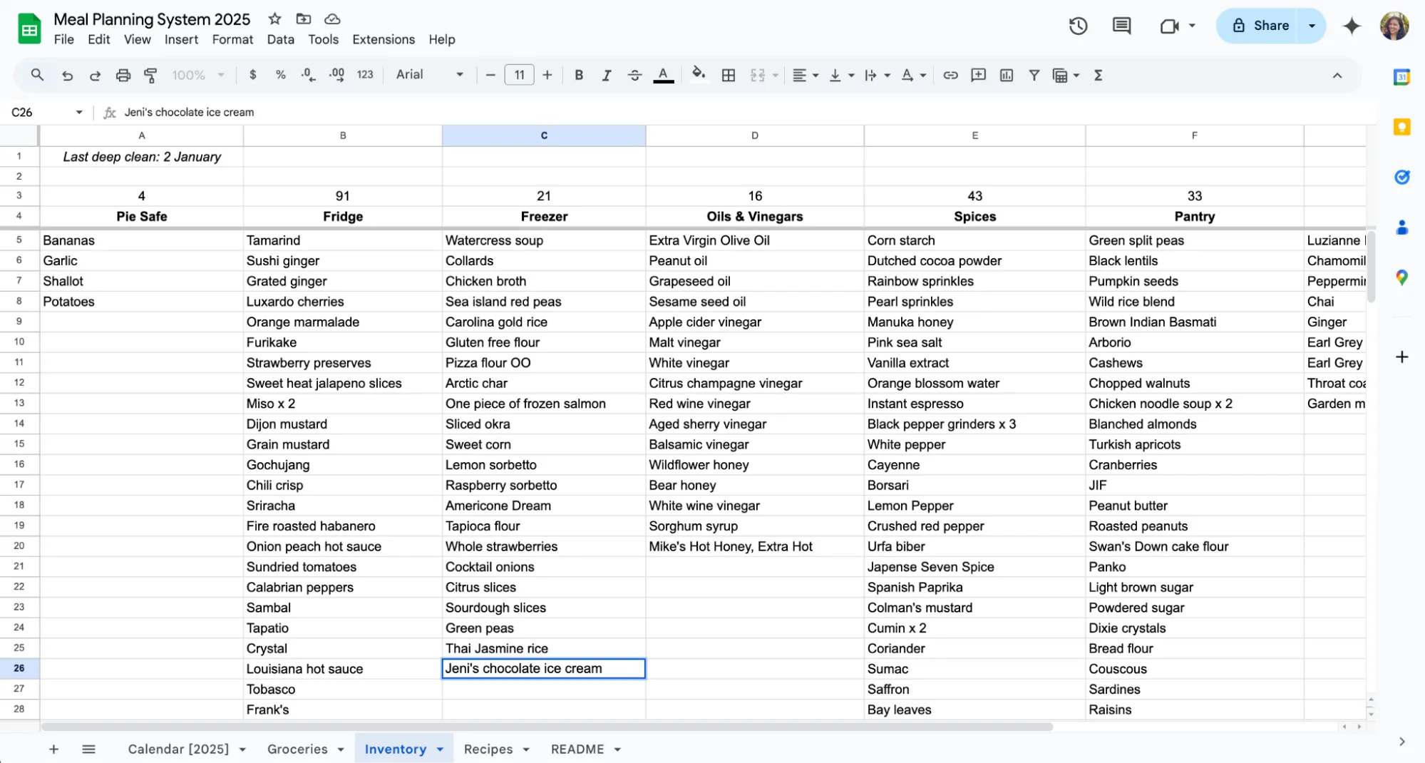 A snapshot of my meal planning system