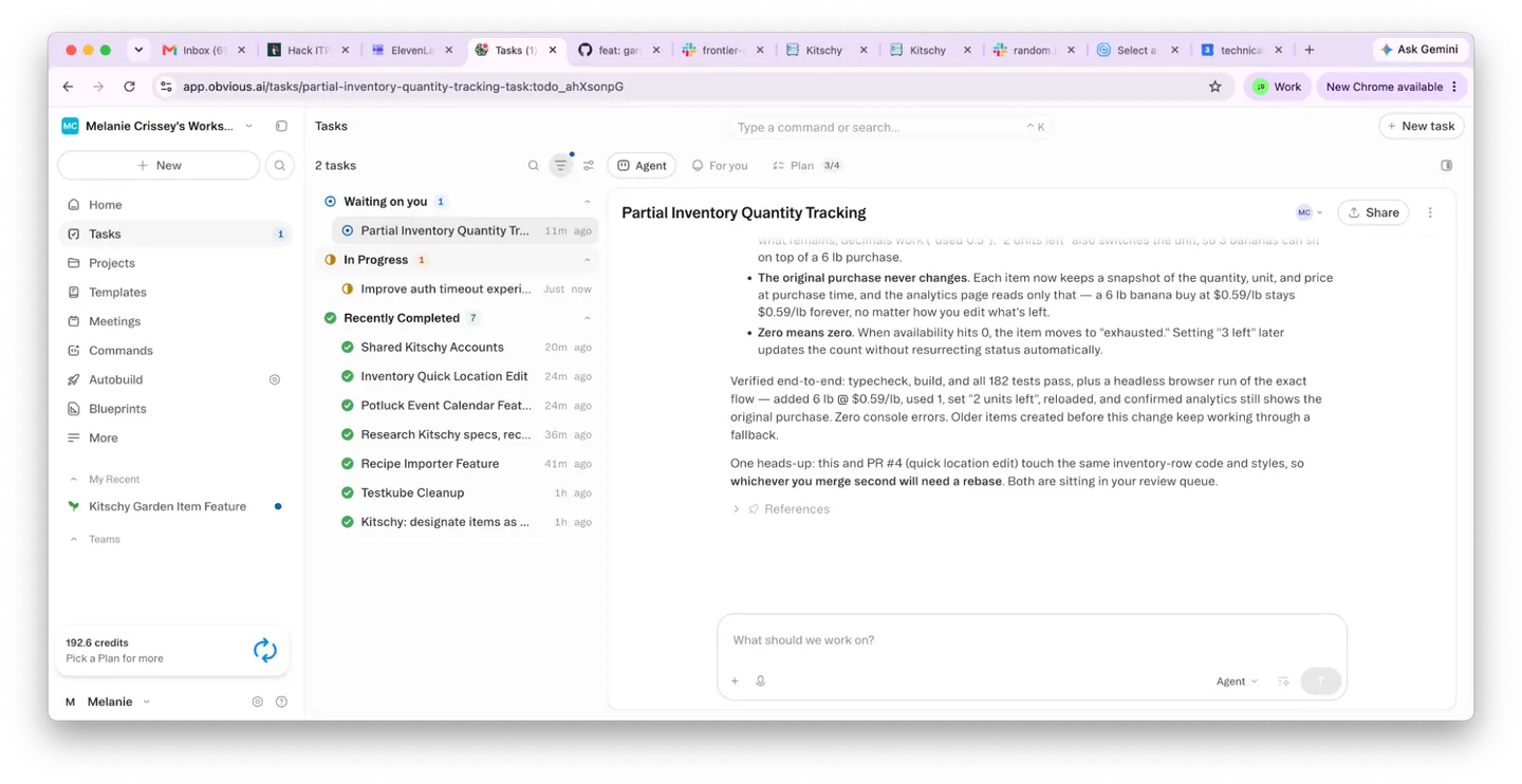 The Obvious task queue showing work in progress, waiting for review, and recently completed